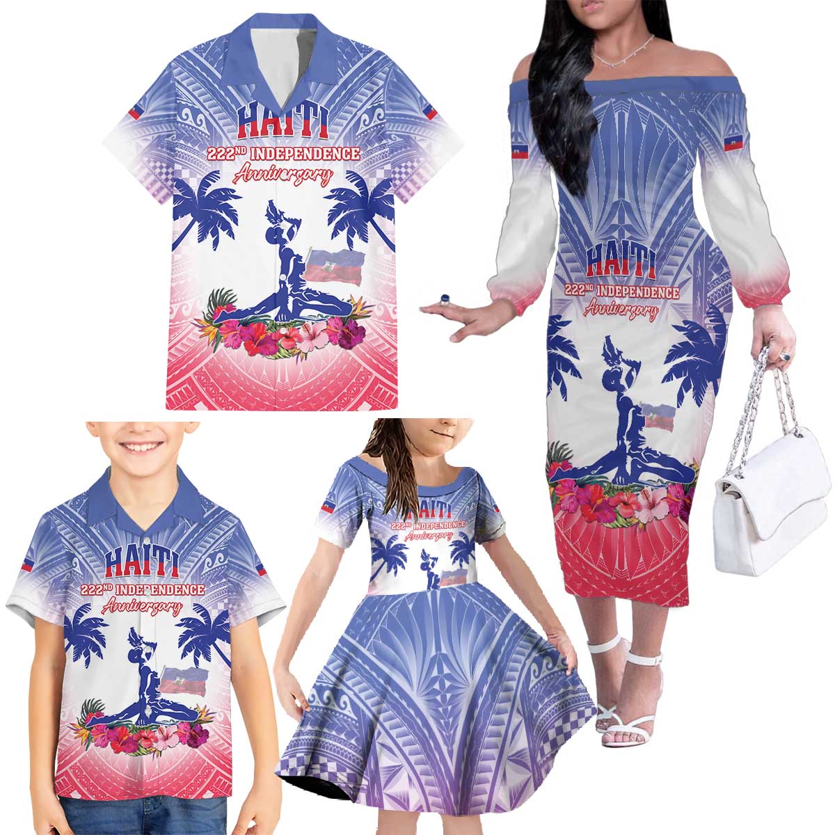 Personalised Haiti Independence Day Family Matching Off The Shoulder Long Sleeve Dress and Hawaiian Shirt Neg Maron Polynesian Style LT05 - Polynesian Pride