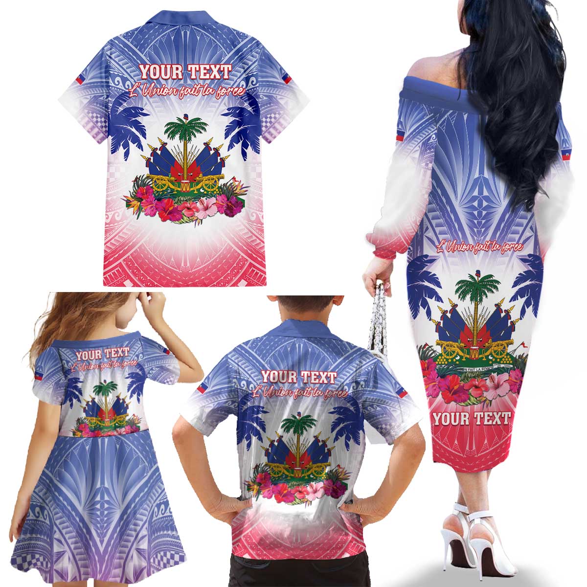 Personalised Haiti Independence Day Family Matching Off The Shoulder Long Sleeve Dress and Hawaiian Shirt Neg Maron Polynesian Style LT05 - Polynesian Pride
