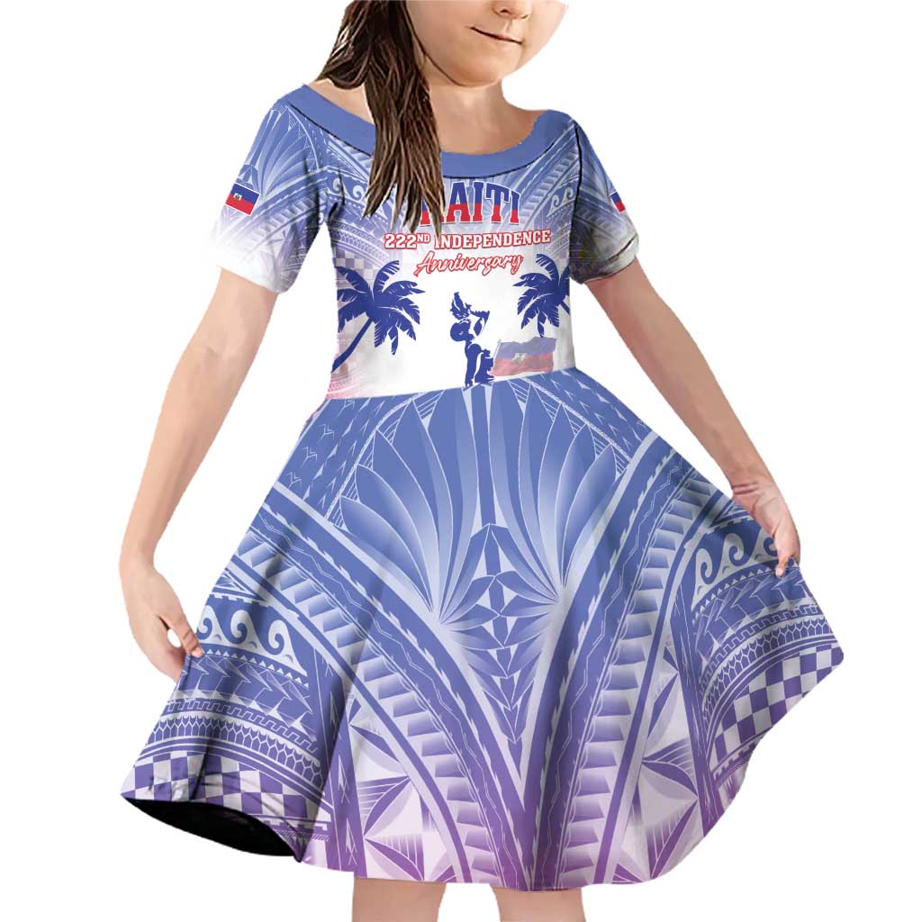 Personalised Haiti Independence Day Family Matching Off Shoulder Short Dress and Hawaiian Shirt Neg Maron Polynesian Style LT05 Daughter's Dress Blue - Polynesian Pride