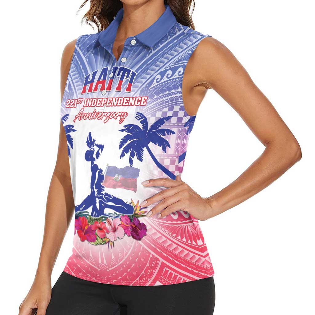 Personalised Haiti Independence Day Women Sleeveless Polo Shirt Neg Maron Polynesian Style