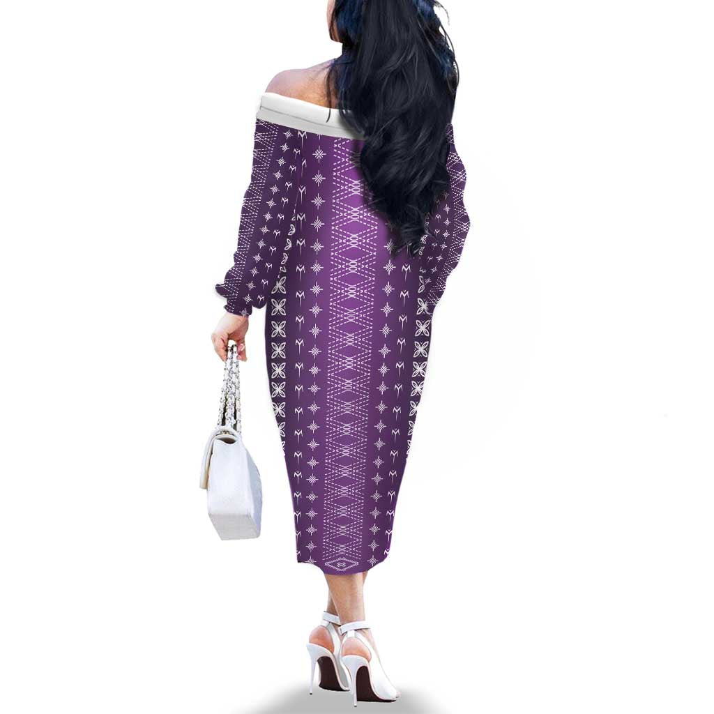 Purple Samoa Malu Tattoo Inspired Family Matching Off The Shoulder Long Sleeve Dress and Hawaiian Shirt LT05 - Polynesian Pride