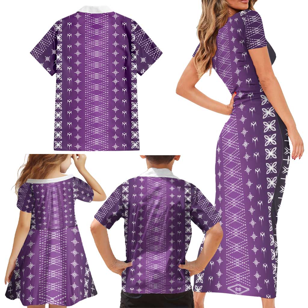 Purple Samoa Malu Tattoo Inspired Family Matching Short Sleeve Bodycon Dress and Hawaiian Shirt - Polynesian Pride