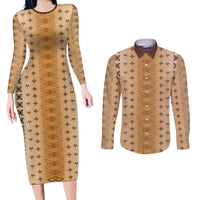 Beige Samoa Malu Tattoo Inspired Couples Matching Long Sleeve Bodycon Dress and Long Sleeve Button Shirt - Polynesian Pride