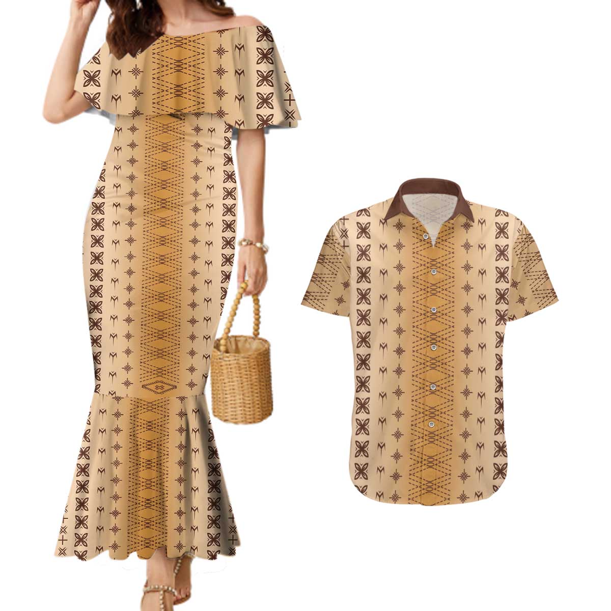Beige Samoa Malu Tattoo Inspired Couples Matching Mermaid Dress and Hawaiian Shirt - Polynesian Pride