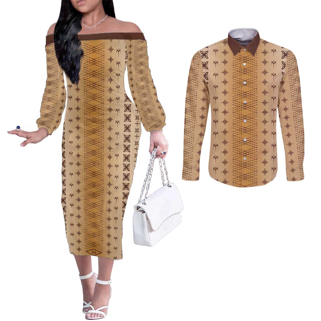 Beige Samoa Malu Tattoo Inspired Couples Matching Off The Shoulder Long Sleeve Dress and Long Sleeve Button Shirt - Polynesian Pride