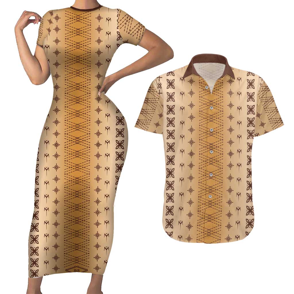 Beige Samoa Malu Tattoo Inspired Couples Matching Short Sleeve Bodycon Dress and Hawaiian Shirt - Polynesian Pride