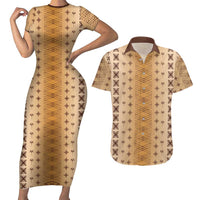 Beige Samoa Malu Tattoo Inspired Couples Matching Short Sleeve Bodycon Dress and Hawaiian Shirt - Polynesian Pride