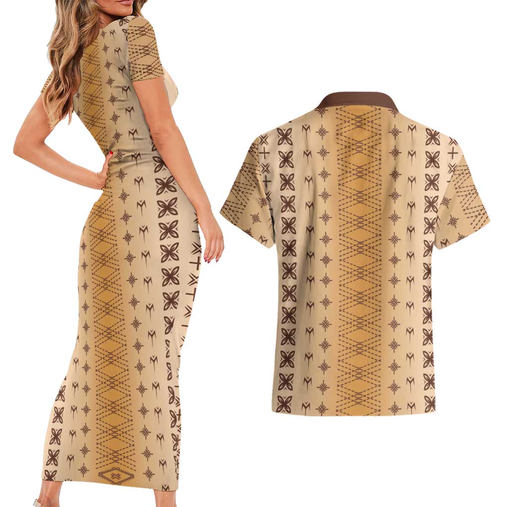 Beige Samoa Malu Tattoo Inspired Couples Matching Short Sleeve Bodycon Dress and Hawaiian Shirt - Polynesian Pride
