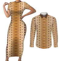 Beige Samoa Malu Tattoo Inspired Couples Matching Short Sleeve Bodycon Dress and Long Sleeve Button Shirt - Polynesian Pride