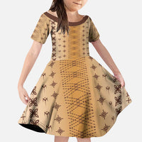 Beige Samoa Malu Tattoo Inspired Family Matching Off The Shoulder Long Sleeve Dress and Hawaiian Shirt LT05 Daughter's Dress Beige - Polynesian Pride