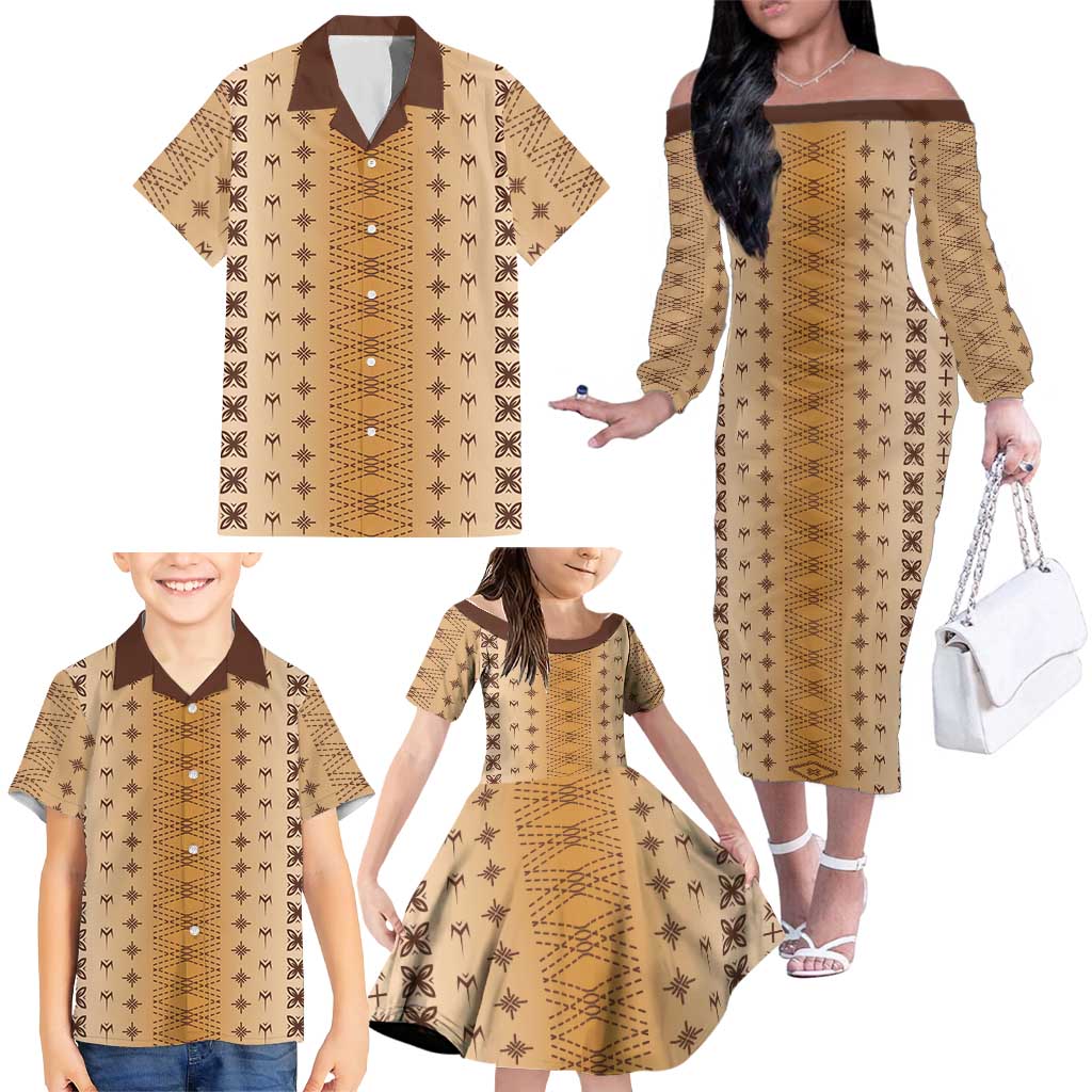 Beige Samoa Malu Tattoo Inspired Family Matching Off The Shoulder Long Sleeve Dress and Hawaiian Shirt LT05 - Polynesian Pride