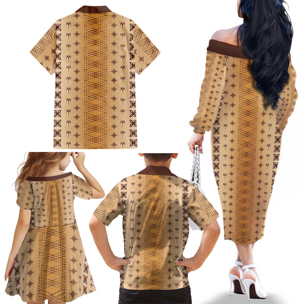 Beige Samoa Malu Tattoo Inspired Family Matching Off The Shoulder Long Sleeve Dress and Hawaiian Shirt LT05 - Polynesian Pride