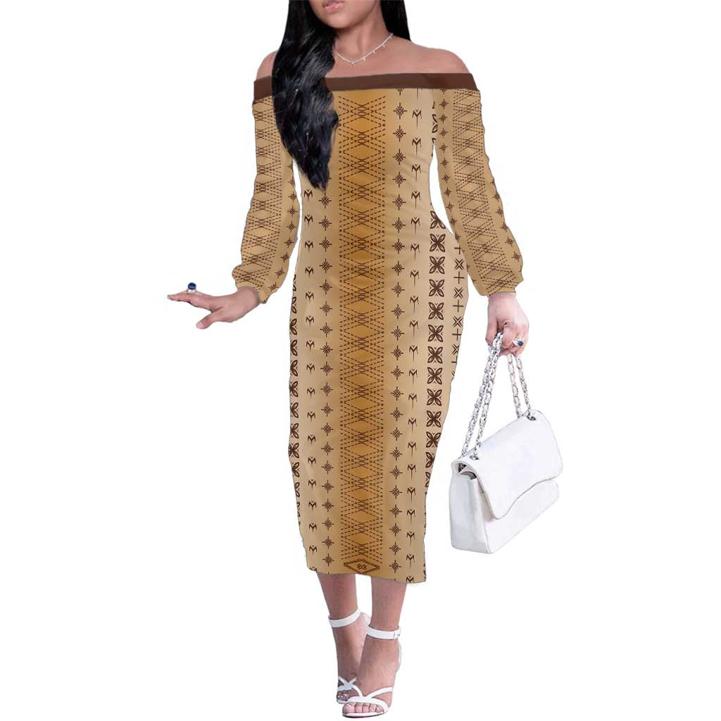 Beige Samoa Malu Tattoo Inspired Family Matching Off The Shoulder Long Sleeve Dress and Hawaiian Shirt LT05 Mom's Dress Beige - Polynesian Pride