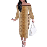 Beige Samoa Malu Tattoo Inspired Family Matching Off The Shoulder Long Sleeve Dress and Hawaiian Shirt LT05 Mom's Dress Beige - Polynesian Pride