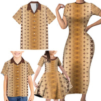 Beige Samoa Malu Tattoo Inspired Family Matching Short Sleeve Bodycon Dress and Hawaiian Shirt - Polynesian Pride