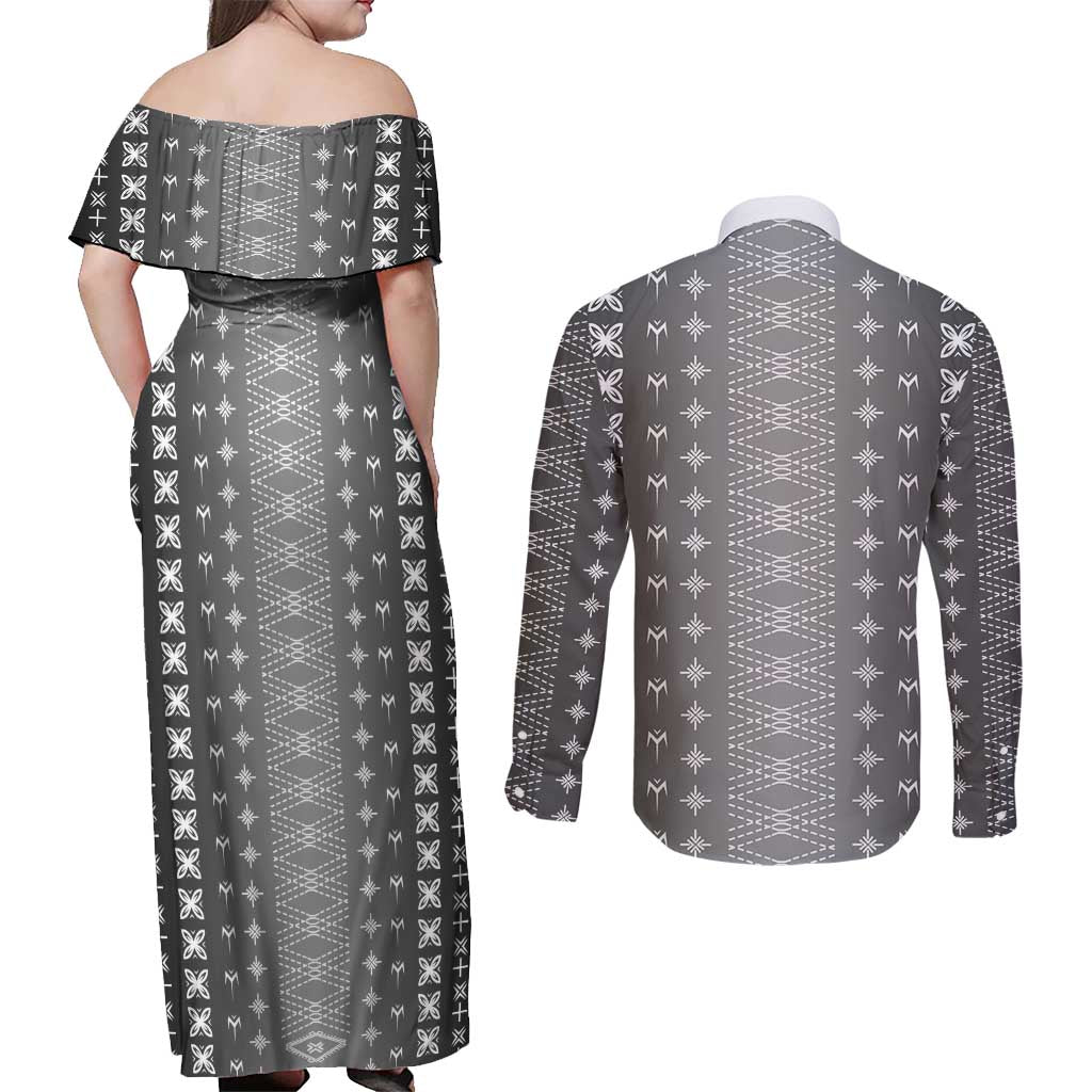 Black Samoa Malu Tattoo Inspired Couples Matching Off Shoulder Maxi Dress and Long Sleeve Button Shirt - Polynesian Pride