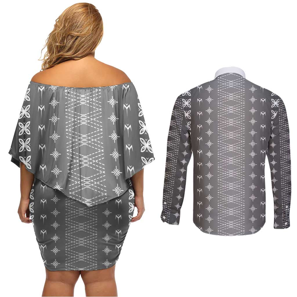 Black Samoa Malu Tattoo Inspired Couples Matching Off Shoulder Short Dress and Long Sleeve Button Shirt - Polynesian Pride