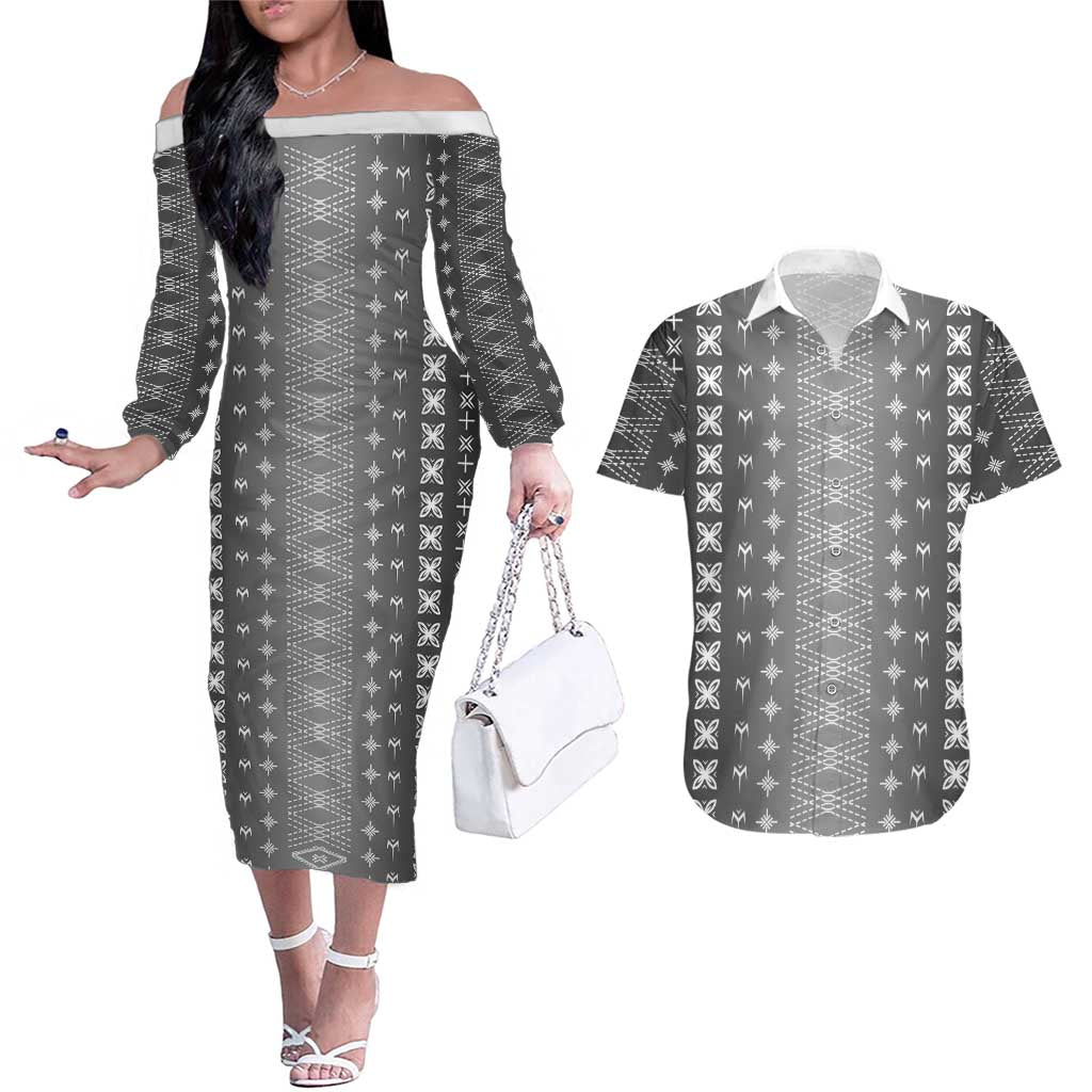 Black Samoa Malu Tattoo Inspired Couples Matching Off The Shoulder Long Sleeve Dress and Hawaiian Shirt - Polynesian Pride