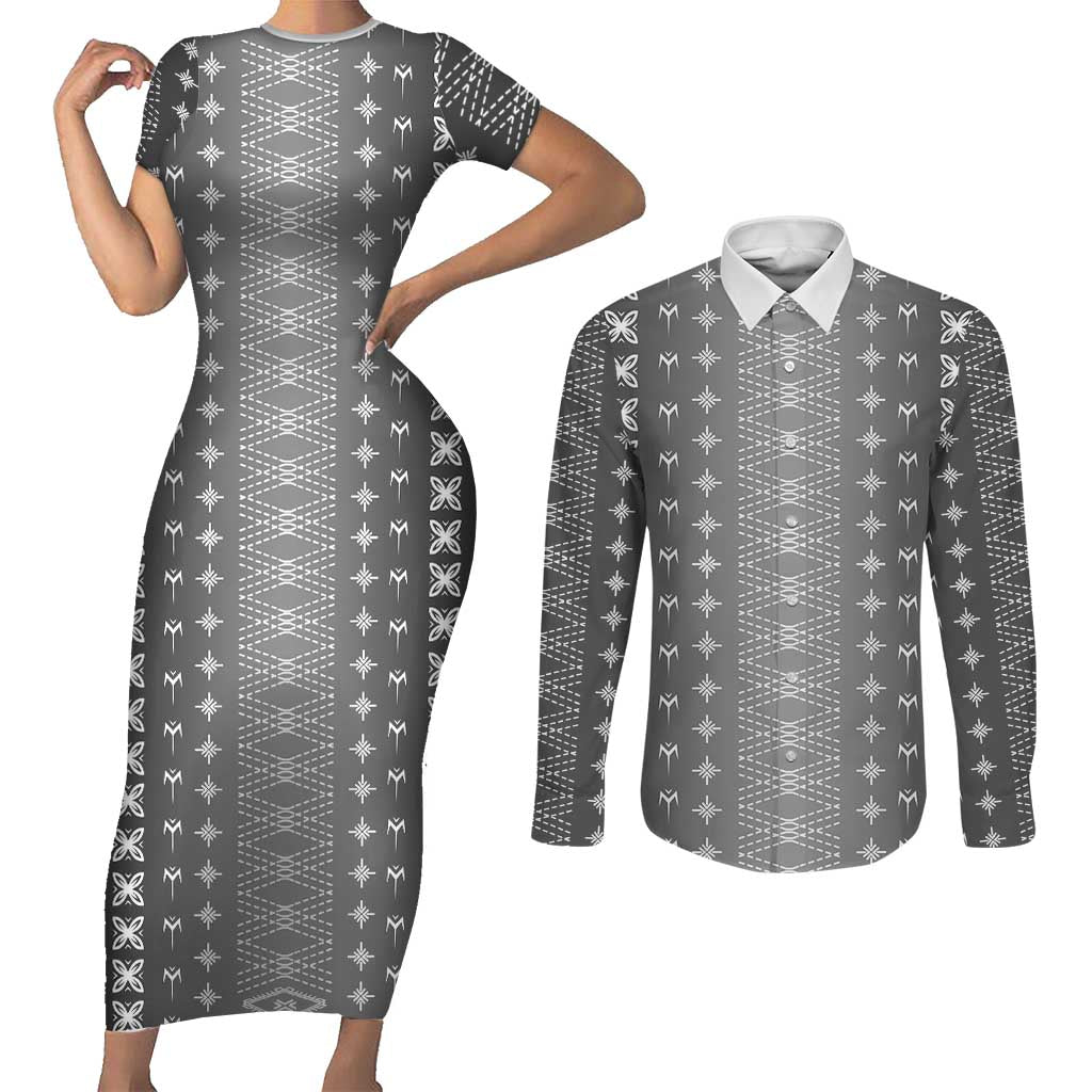 Black Samoa Malu Tattoo Inspired Couples Matching Short Sleeve Bodycon Dress and Long Sleeve Button Shirt - Polynesian Pride
