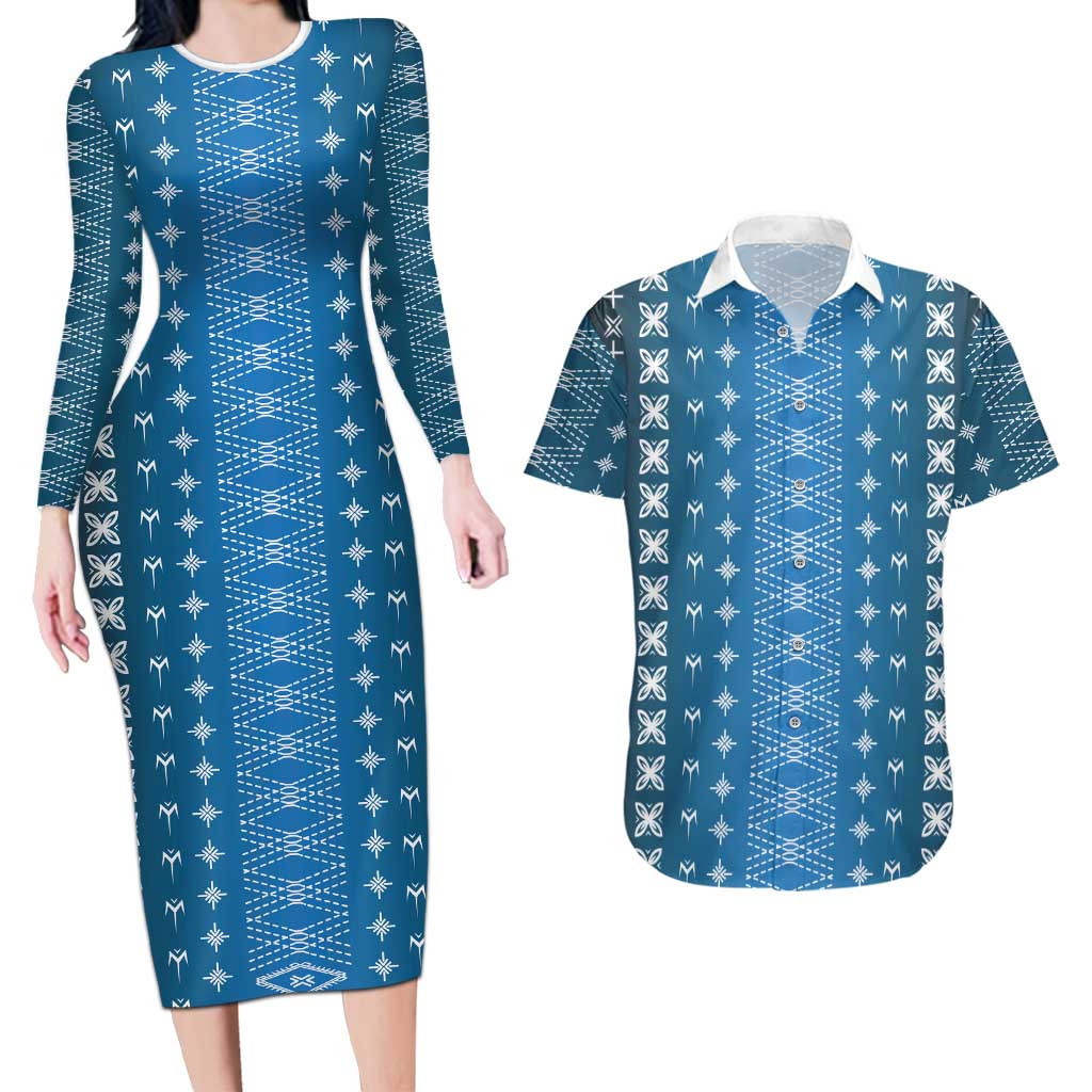 Blue Samoa Malu Tattoo Inspired Couples Matching Long Sleeve Bodycon Dress and Hawaiian Shirt - Polynesian Pride