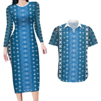 Blue Samoa Malu Tattoo Inspired Couples Matching Long Sleeve Bodycon Dress and Hawaiian Shirt - Polynesian Pride