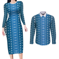 Blue Samoa Malu Tattoo Inspired Couples Matching Long Sleeve Bodycon Dress and Long Sleeve Button Shirt - Polynesian Pride
