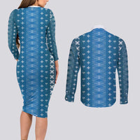 Blue Samoa Malu Tattoo Inspired Couples Matching Long Sleeve Bodycon Dress and Long Sleeve Button Shirt - Polynesian Pride