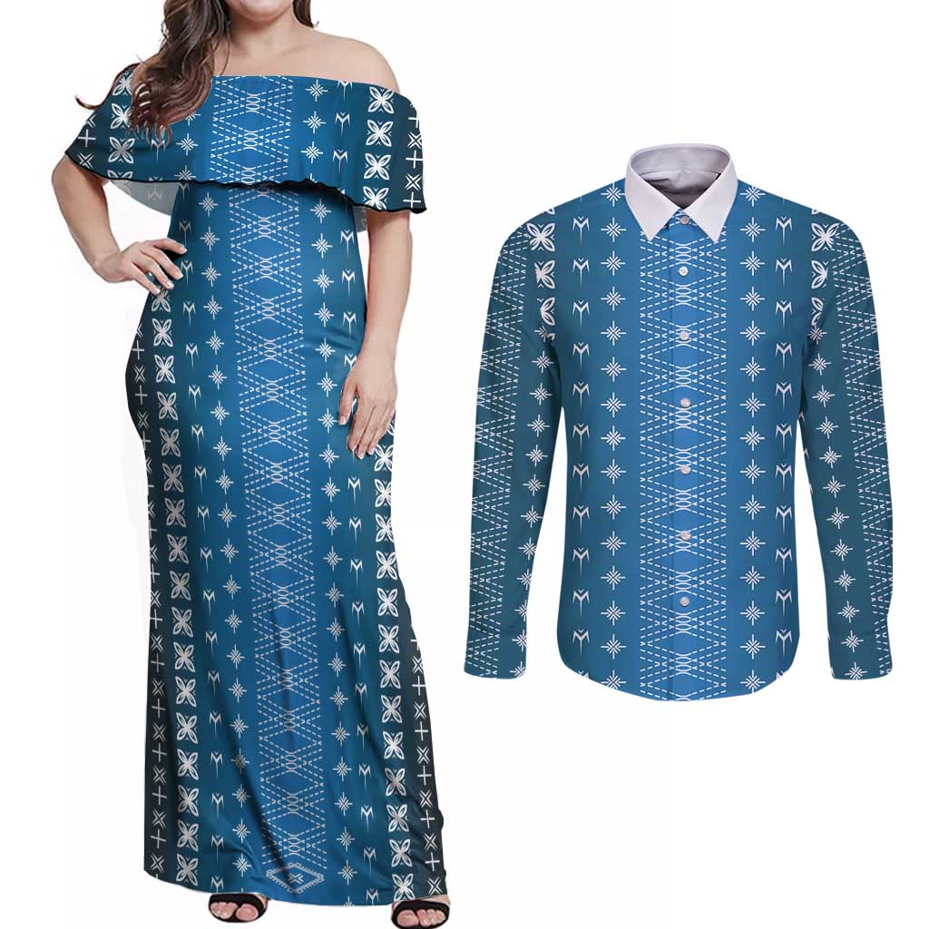 Blue Samoa Malu Tattoo Inspired Couples Matching Off Shoulder Maxi Dress and Long Sleeve Button Shirt - Polynesian Pride