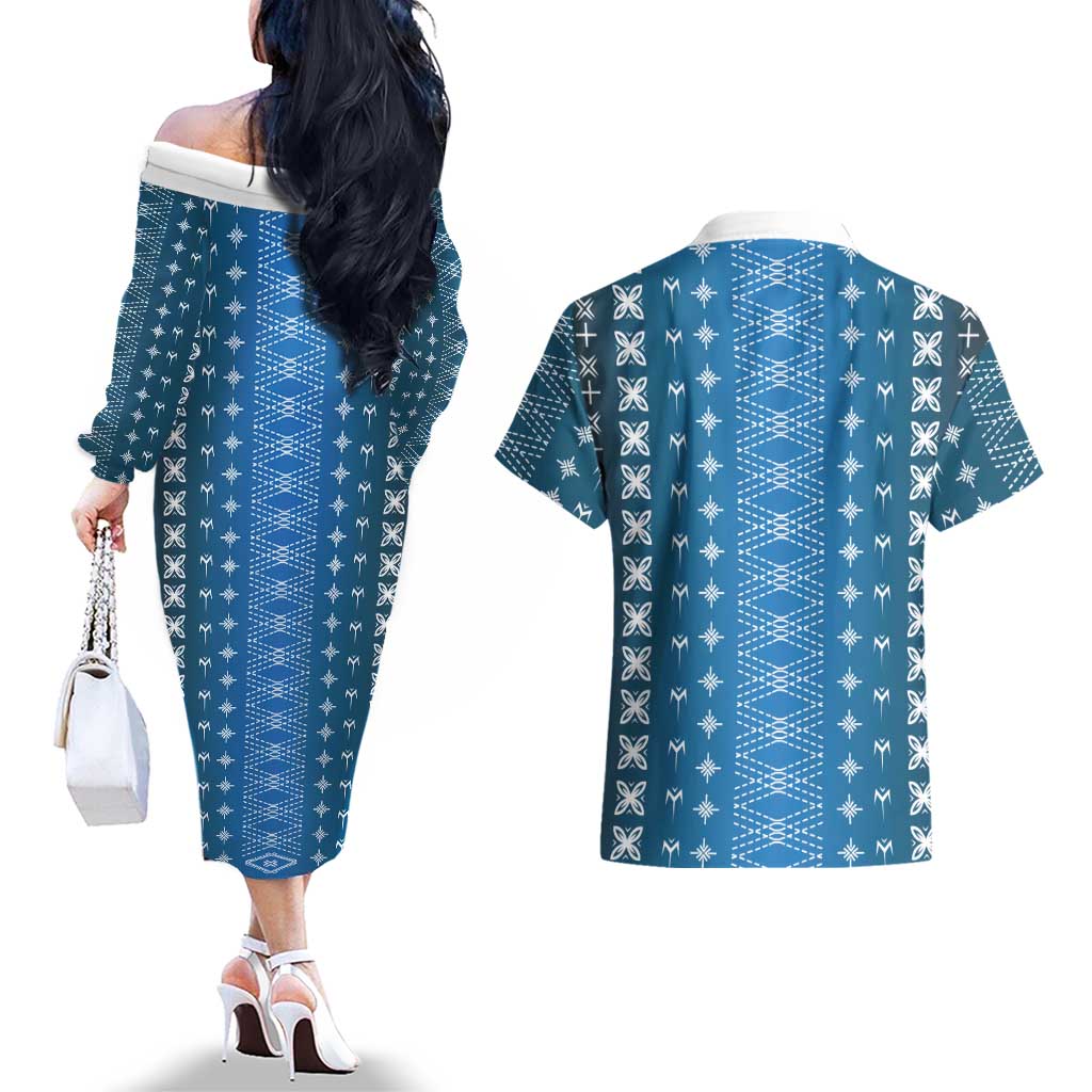 Blue Samoa Malu Tattoo Inspired Couples Matching Off The Shoulder Long Sleeve Dress and Hawaiian Shirt - Polynesian Pride