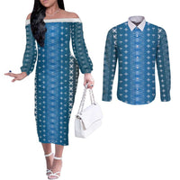 Blue Samoa Malu Tattoo Inspired Couples Matching Off The Shoulder Long Sleeve Dress and Long Sleeve Button Shirt - Polynesian Pride