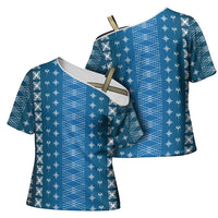 Blue Samoa Malu Tattoo Inspired Cross Shoulder Shirt - Polynesian Pride