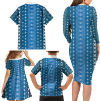 Blue Samoa Malu Tattoo Inspired Family Matching Long Sleeve Bodycon Dress and Hawaiian Shirt - Polynesian Pride