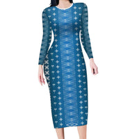 Blue Samoa Malu Tattoo Inspired Family Matching Long Sleeve Bodycon Dress and Hawaiian Shirt - Polynesian Pride