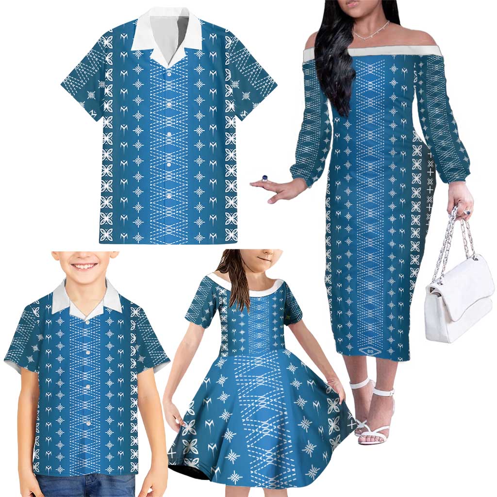 Blue Samoa Malu Tattoo Inspired Family Matching Off The Shoulder Long Sleeve Dress and Hawaiian Shirt - Polynesian Pride