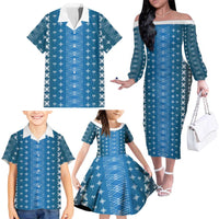 Blue Samoa Malu Tattoo Inspired Family Matching Off The Shoulder Long Sleeve Dress and Hawaiian Shirt - Polynesian Pride