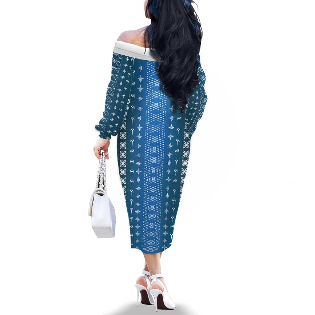 Blue Samoa Malu Tattoo Inspired Family Matching Off The Shoulder Long Sleeve Dress and Hawaiian Shirt - Polynesian Pride
