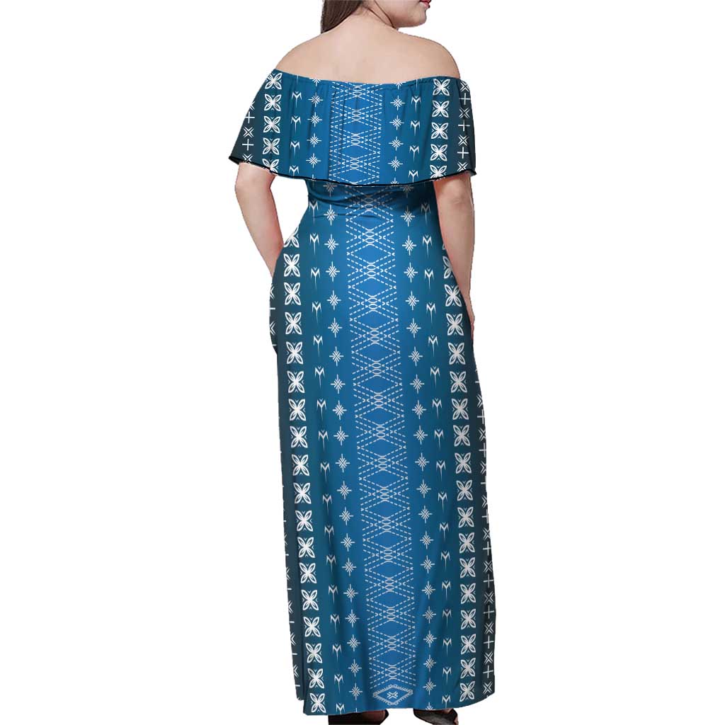 Blue Samoa Malu Tattoo Inspired Family Matching Off Shoulder Maxi Dress and Hawaiian Shirt - Polynesian Pride