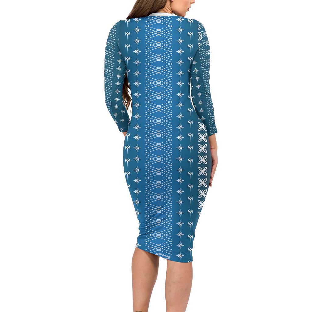 Blue Samoa Malu Tattoo Inspired Long Sleeve Bodycon Dress - Polynesian Pride