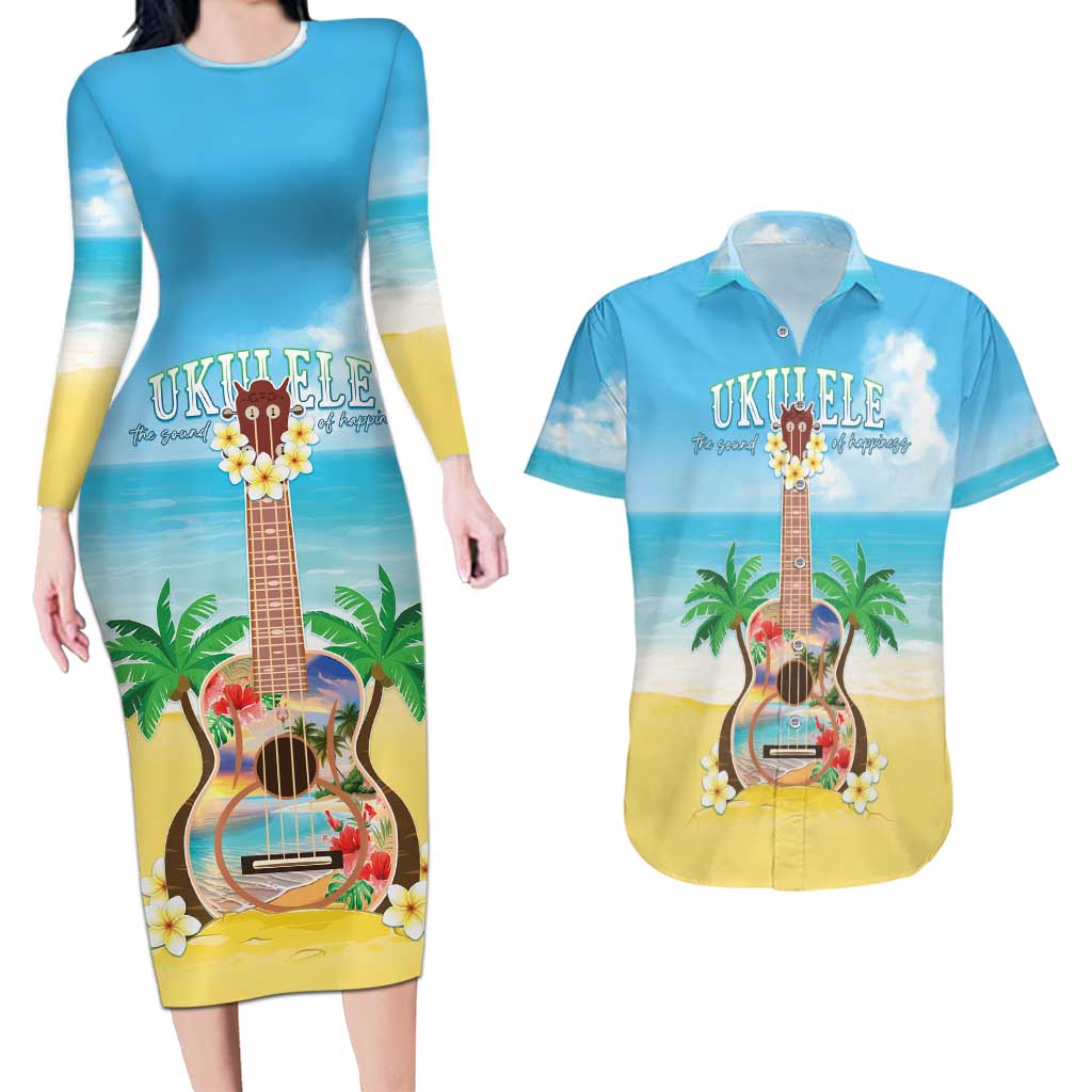 Hawaiian Ukulele Couples Matching Long Sleeve Bodycon Dress and Hawaiian Shirt Sound Of Happiness LT05 Colorful - Polynesian Pride