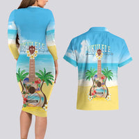 Hawaiian Ukulele Couples Matching Long Sleeve Bodycon Dress and Hawaiian Shirt Sound Of Happiness LT05 - Polynesian Pride
