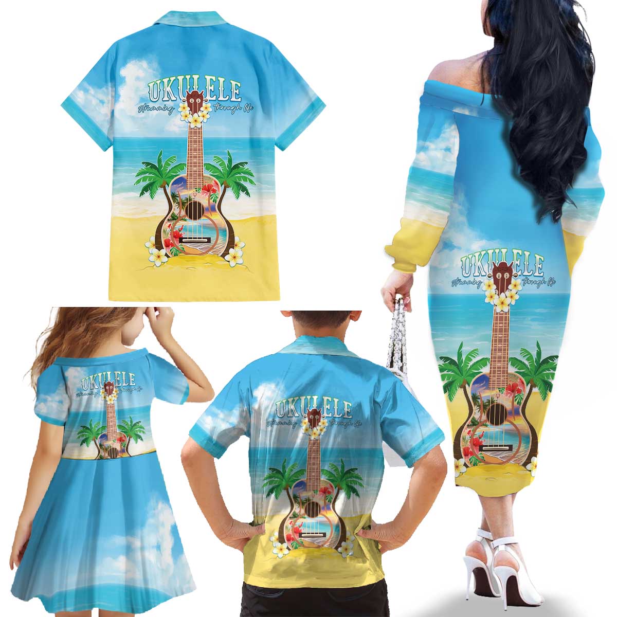 Hawaiian Ukulele Family Matching Off The Shoulder Long Sleeve Dress and Hawaiian Shirt Sound Of Happiness LT05 - Polynesian Pride