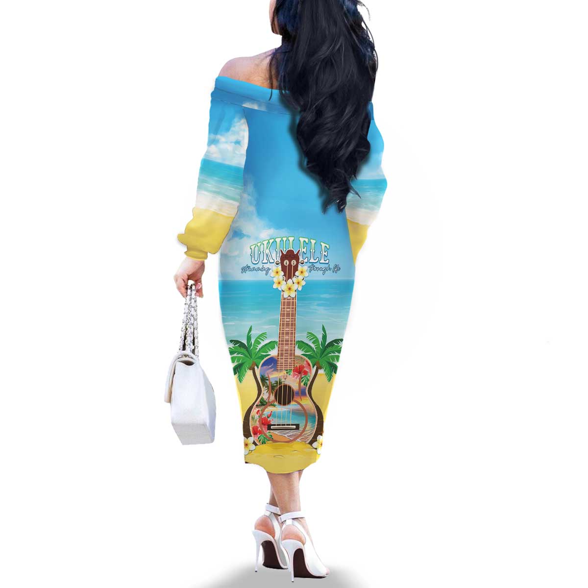 Hawaiian Ukulele Family Matching Off The Shoulder Long Sleeve Dress and Hawaiian Shirt Sound Of Happiness LT05 - Polynesian Pride