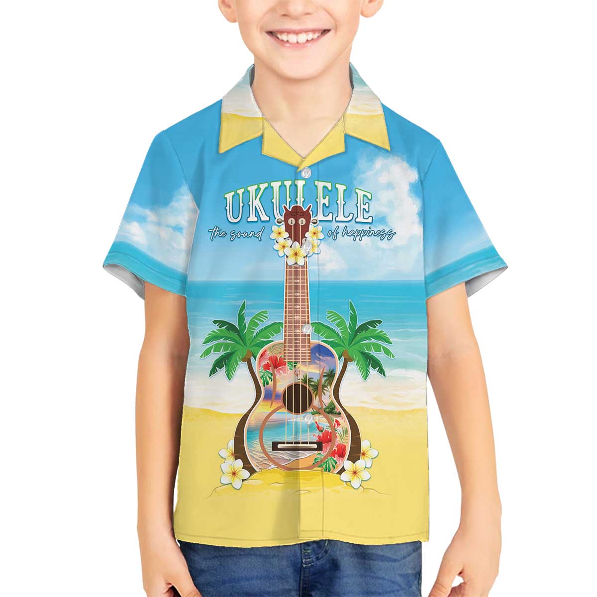 Hawaiian Ukulele Family Matching Off The Shoulder Long Sleeve Dress and Hawaiian Shirt Sound Of Happiness LT05 Son's Shirt Colorful - Polynesian Pride