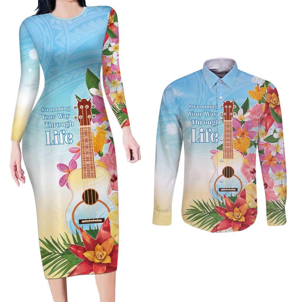 National Ukulele Day Couples Matching Long Sleeve Bodycon Dress and Long Sleeve Button Shirt Tropical Vibe LT05 Colorful - Polynesian Pride