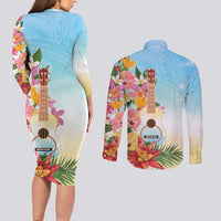 National Ukulele Day Couples Matching Long Sleeve Bodycon Dress and Long Sleeve Button Shirt Tropical Vibe