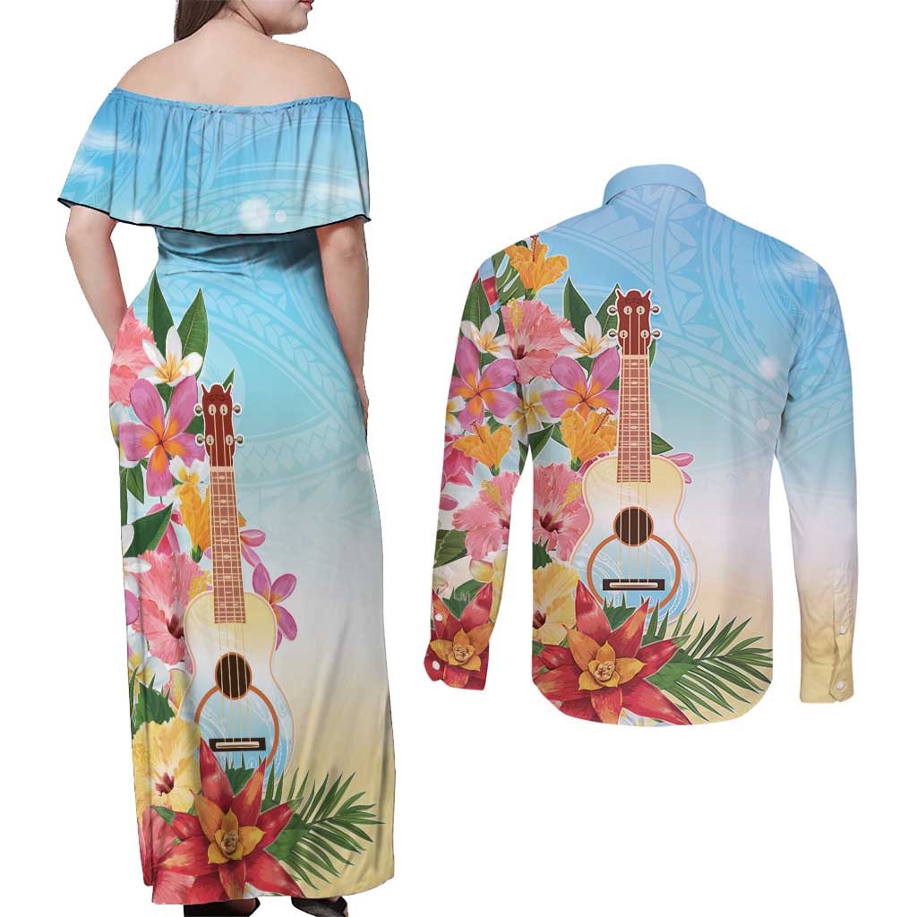 National Ukulele Day Couples Matching Off Shoulder Maxi Dress and Long Sleeve Button Shirt Tropical Vibe LT05 - Polynesian Pride