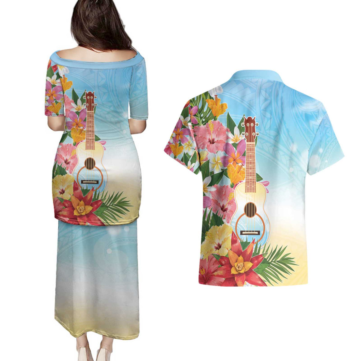 National Ukulele Day Couples Matching Puletasi and Hawaiian Shirt Tropical Vibe LT05 - Polynesian Pride