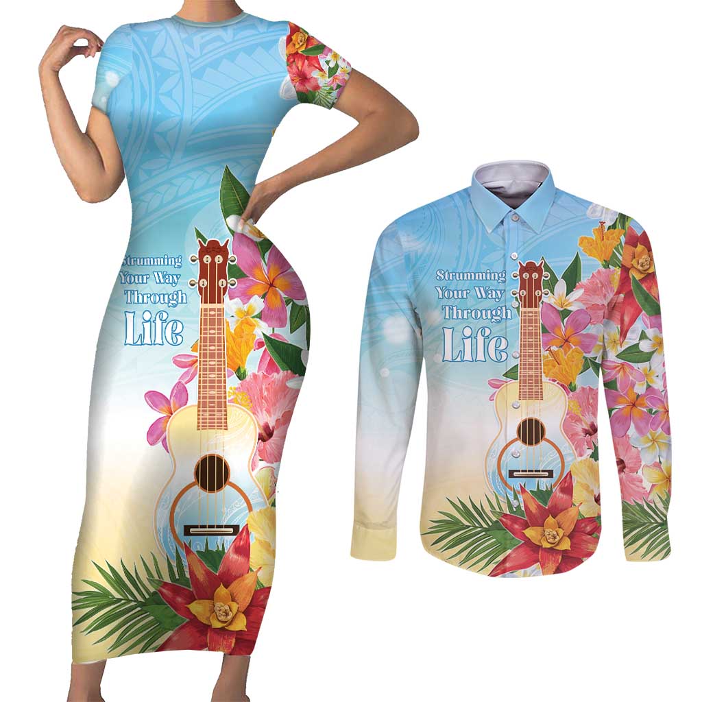 National Ukulele Day Couples Matching Short Sleeve Bodycon Dress and Long Sleeve Button Shirt Tropical Vibe LT05 Colorful - Polynesian Pride