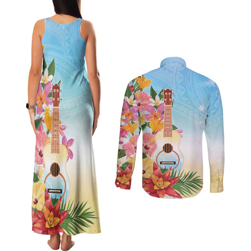 National Ukulele Day Couples Matching Tank Maxi Dress and Long Sleeve Button Shirt Tropical Vibe