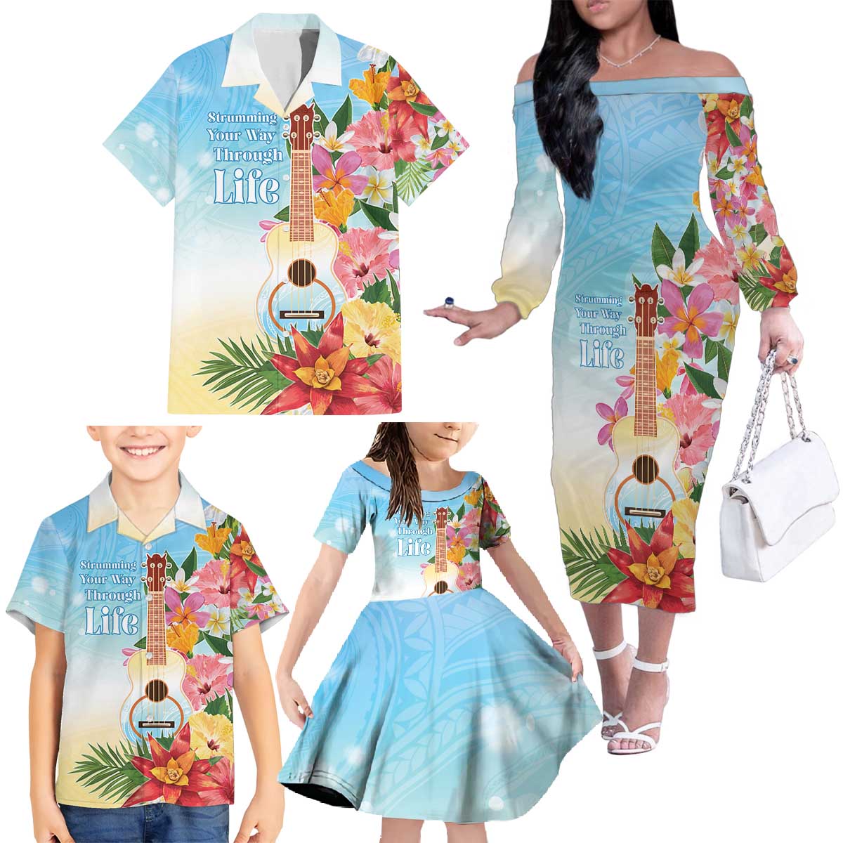 National Ukulele Day Family Matching Off The Shoulder Long Sleeve Dress and Hawaiian Shirt Tropical Vibe LT05 - Polynesian Pride
